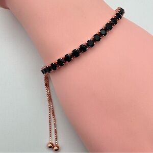 Rose Gold Plated Black Cubic Zirconia Tennis Adjustable Slider Bracelet New